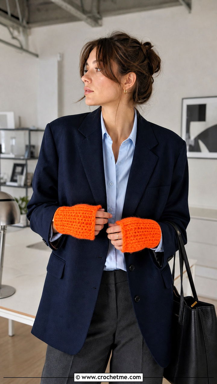 Short Chunky Fingerless Gloves With Blazer - 25 Crochet Fingerless Gloves Bulky Yarn outfit ideas