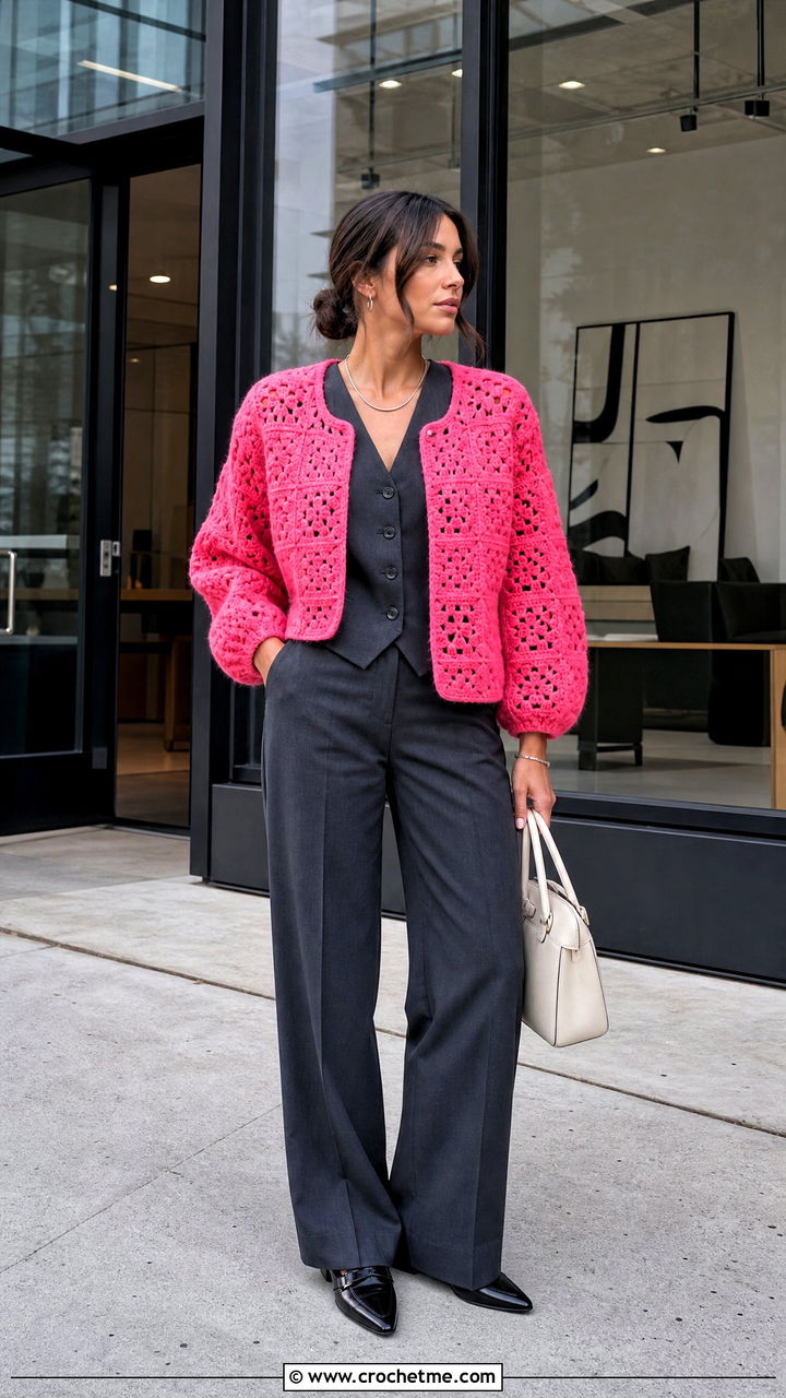 Short Chunky Granny Square Cardigan With Suit Vest And Trousers - 35 Chunky Granny Square Cardigan outfit ideas