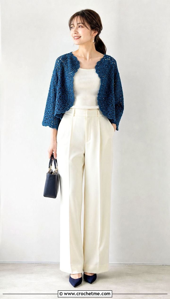 Short Circle Cardigan With High Rise Pants - 30 crochet circle cardigan outfit ideas