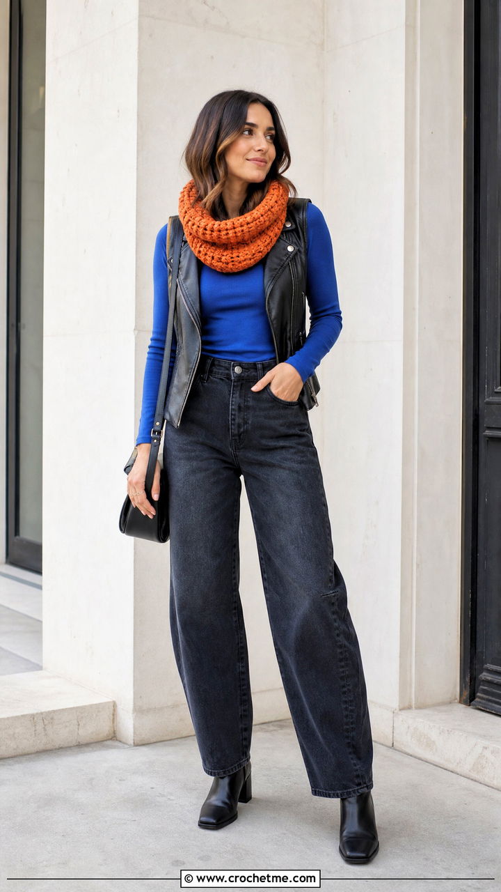 Short Cowl Crochet Infinity Scarf With Moto Vest - 35 crochet infinity scarf outfit ideas