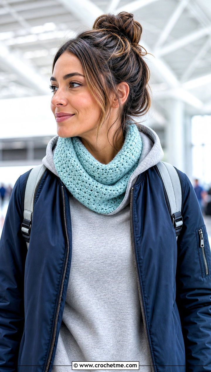 Short Cowl Crochet Snood Scarf With a Hoodie - 25 crochet snood scarf outfit ideas