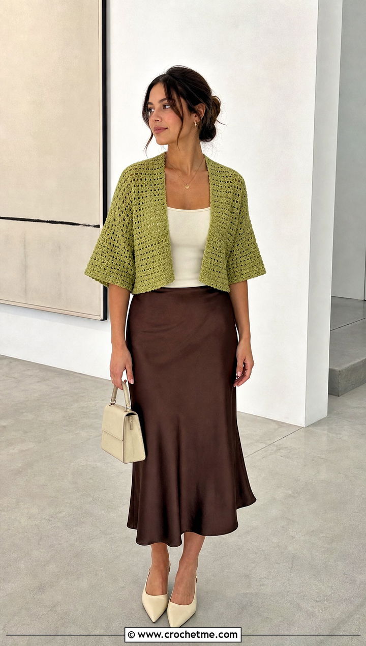 Short Crochet Kimono Shrug With Satin Skirt - 15 crochet kimono cover up outfit ideas