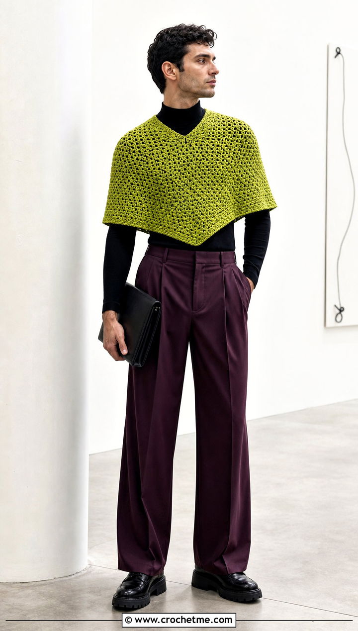 Short Crochet Poncho With Wide Leg Trousers - 30 men crochet poncho outfit ideas