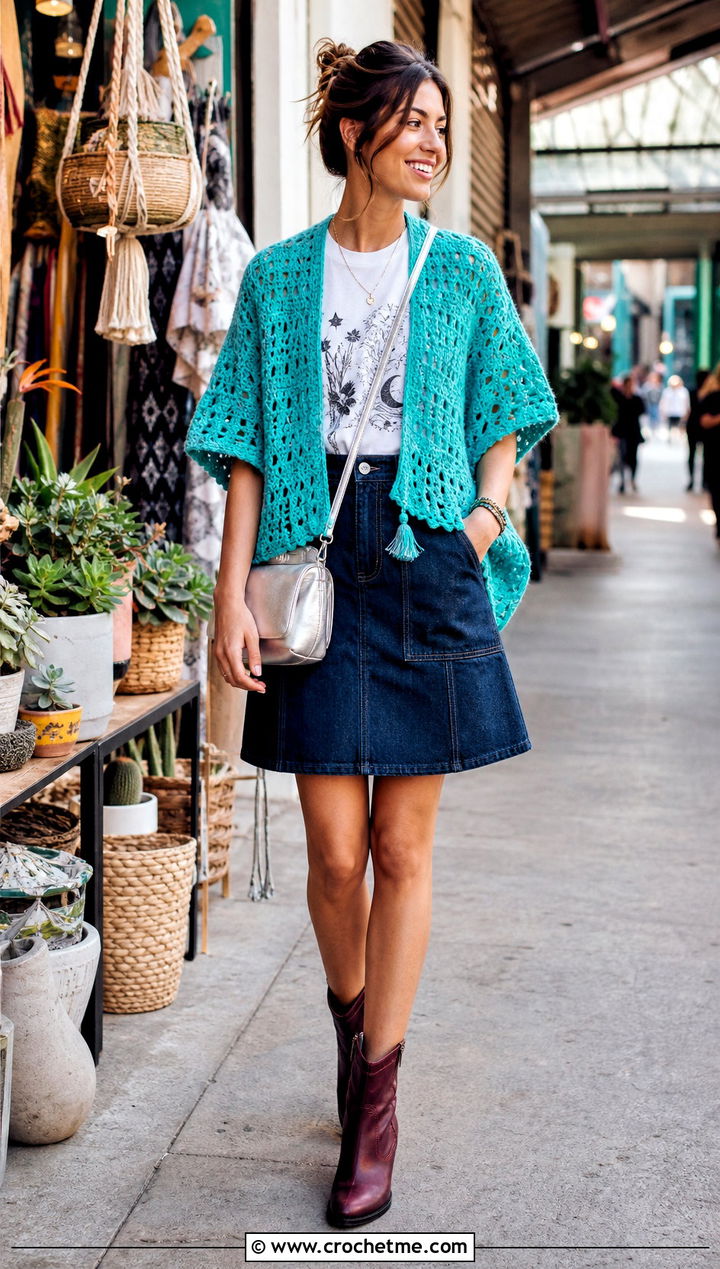 Short Crochet Ruana With Graphic Tee And Denim Skirt - 15 easy crochet ruana outfit ideas