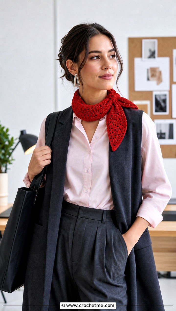 Short Crochet Star Stitch Neck Scarf With Creative Office Outfit - 25 Crochet Star Stitch Scarf outfit ideas