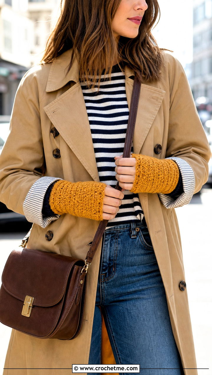 Short Crochet Wrist Warmers With Trench Coat And Straight Leg Jeans - 15 Crochet Fingerless Arm Warmers outfit ideas