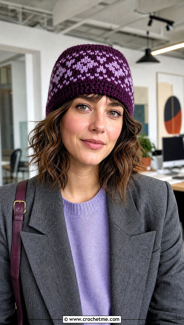 Short Crown Pixel Fair Isle Crochet Beanie With Matching Suit - 15 Fair Isle Crochet Beanie outfit ideas