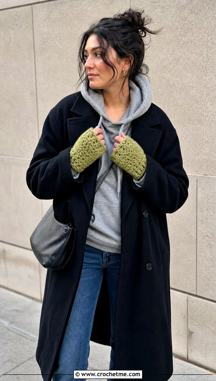 Short Cuff Chunky Crochet Fingerless Gloves With Hoodie - 30 chunky yarn crochet fingerless gloves outfit ideas