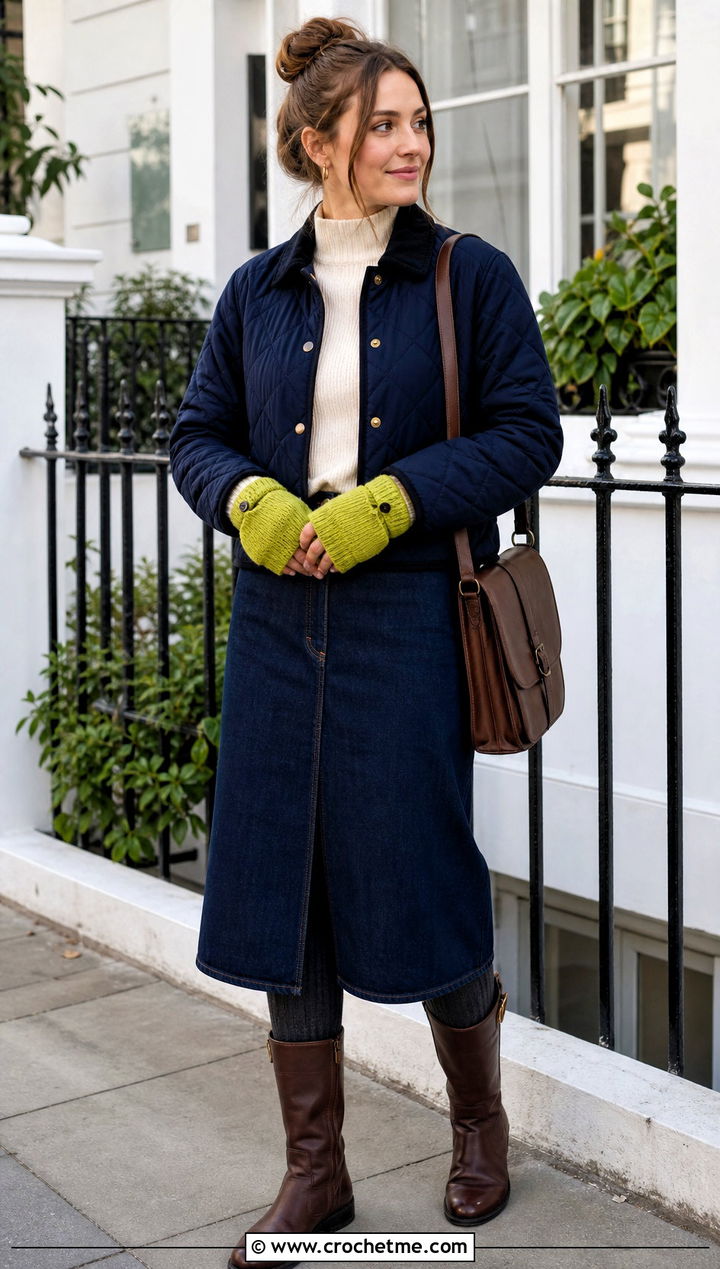 Short Cuff Convertible Gloves With Quilted Jacket and Denim Skirt - 20 Convertible Crochet Gloves outfit ideas