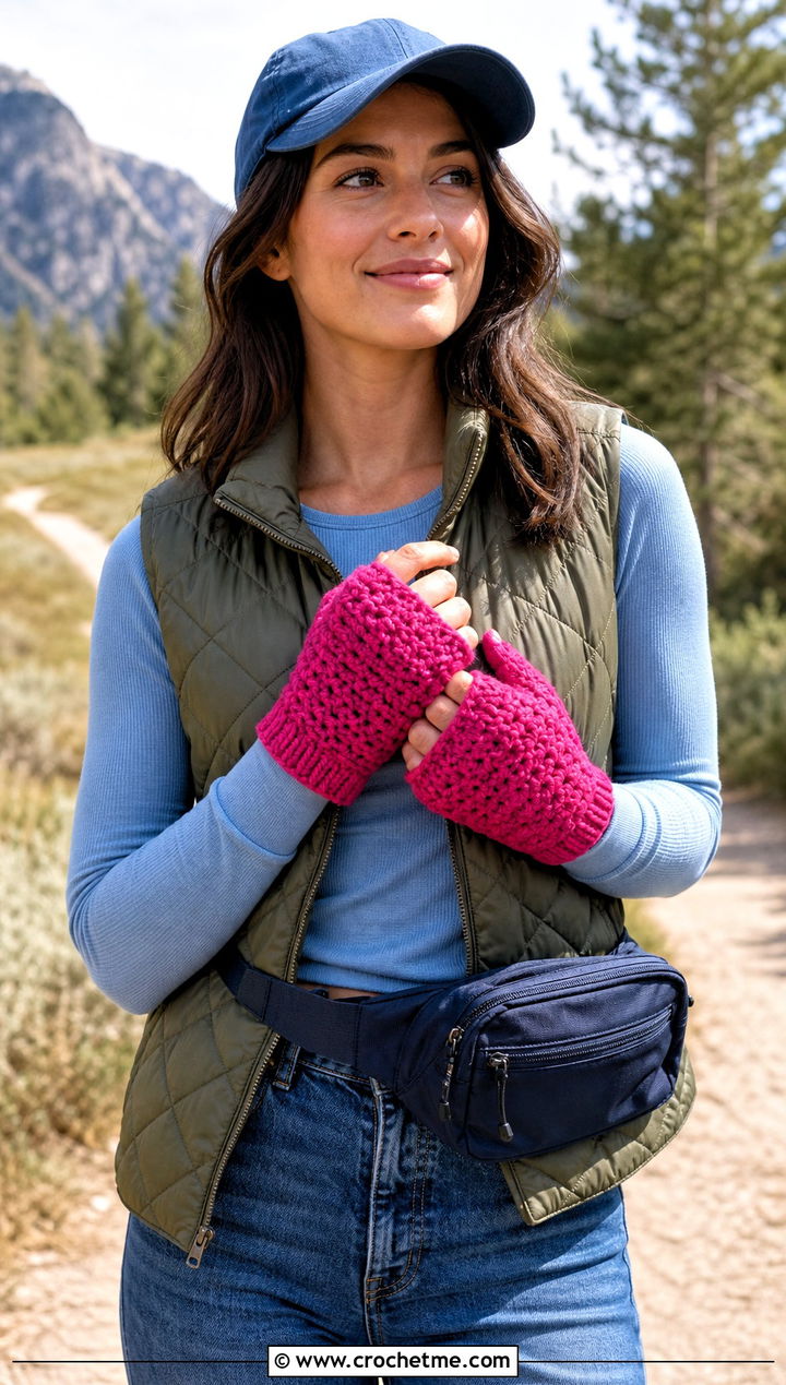 Short Cuff Crochet Chunky Mittens With Quilted Vest - 30 crochet chunky mittens outfit ideas