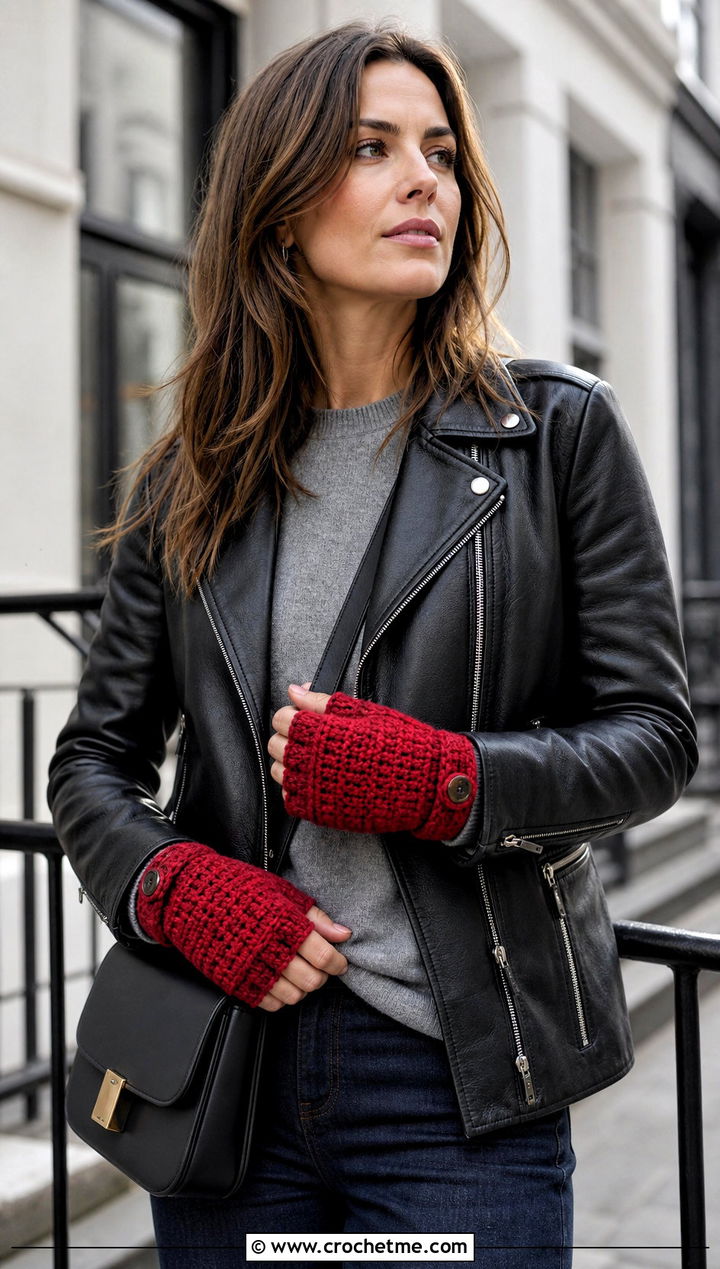 Short Cuff Crochet Fingerless Gloves With Flap And Leather Jacket - 30 crochet fingerless gloves with flap outfit ideas