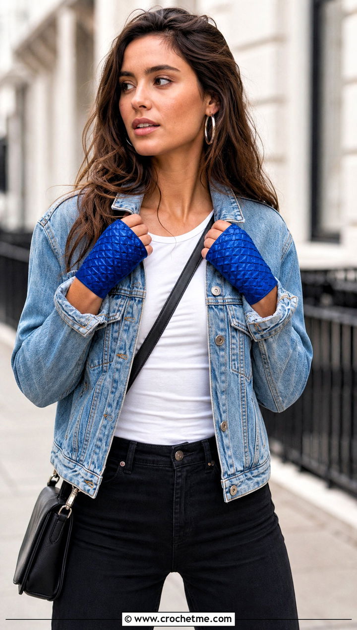 Short Cuff Dragon Scale Fingerless Gloves With Denim Jacket - 30 dragon scale crochet gloves outfit ideas