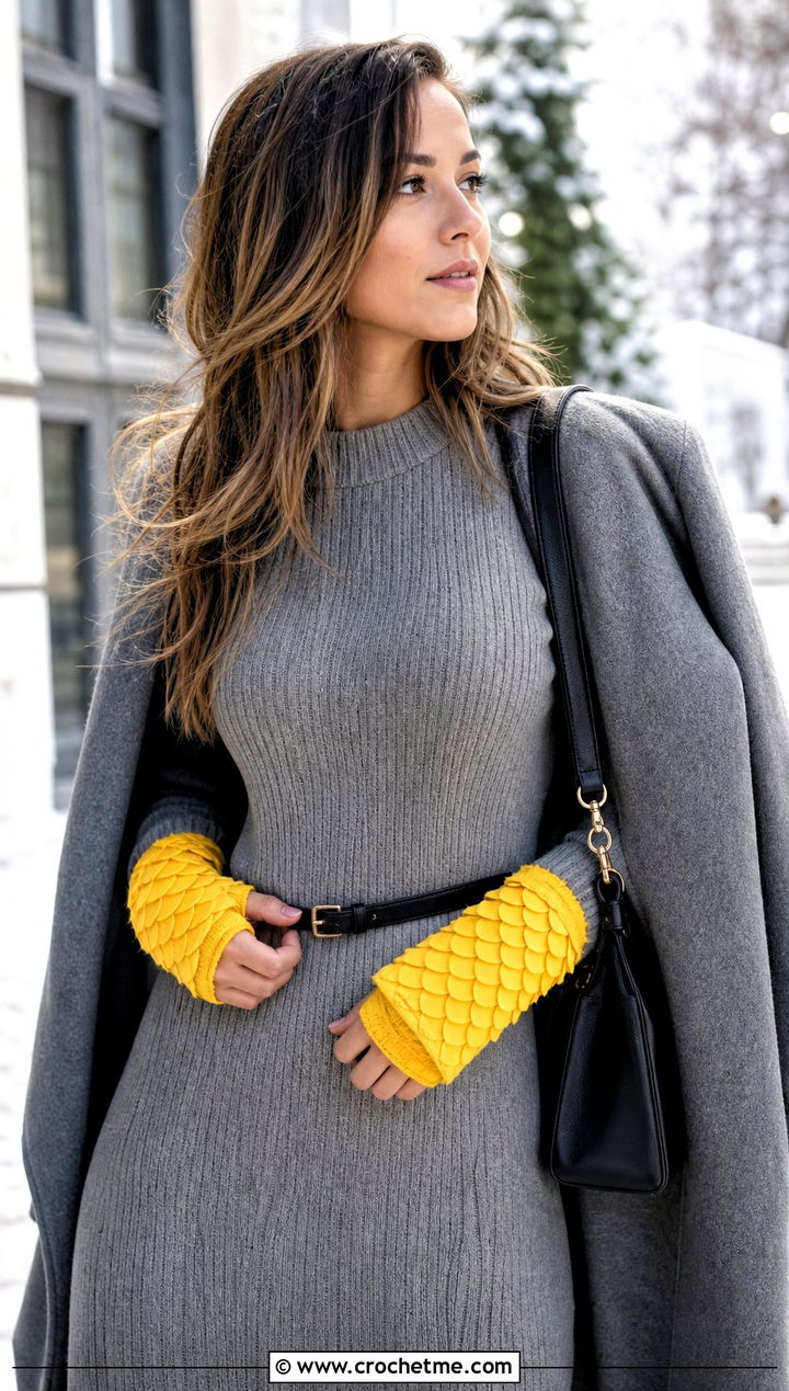 Short Cuff Dragonscale Wrist Warmers With Sweater Dress - 15 Dragonscale Crochet Gloves outfit ideas