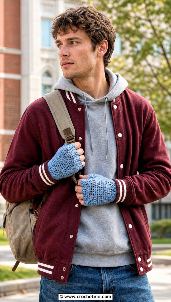 Short Cuff Fingerless Gloves With Varsity Jacket - 25 Crochet Mens Fingerless Gloves outfit ideas