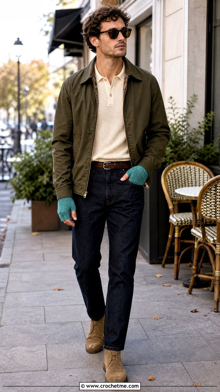 Short Cuff Fingerless Mitts With Harrington Jacket - 35 crochet gloves for men outfit ideas