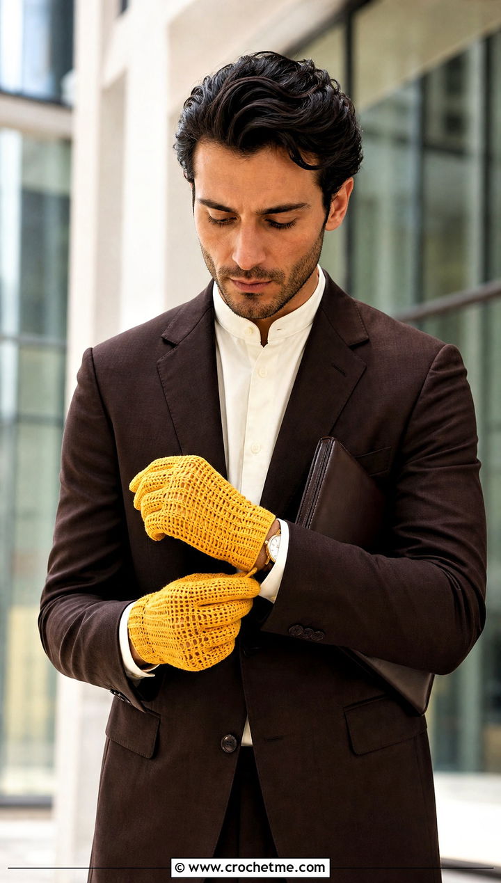 Short Cuff Full Finger Crochet Gloves With Suit - 25 men's crochet gloves outfit ideas