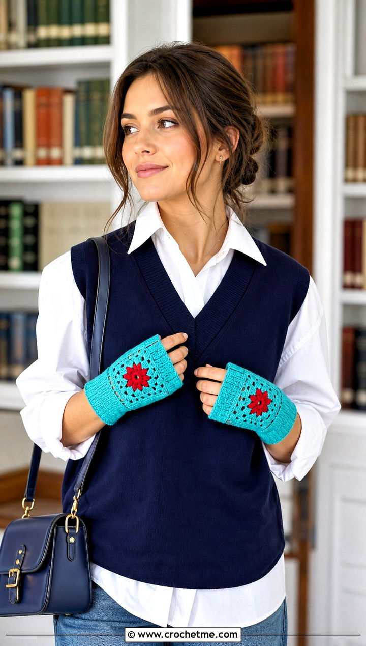 Short Cuff Granny Square Gloves With Sweater Vest - 20 Fingerless Granny Square Gloves outfit ideas