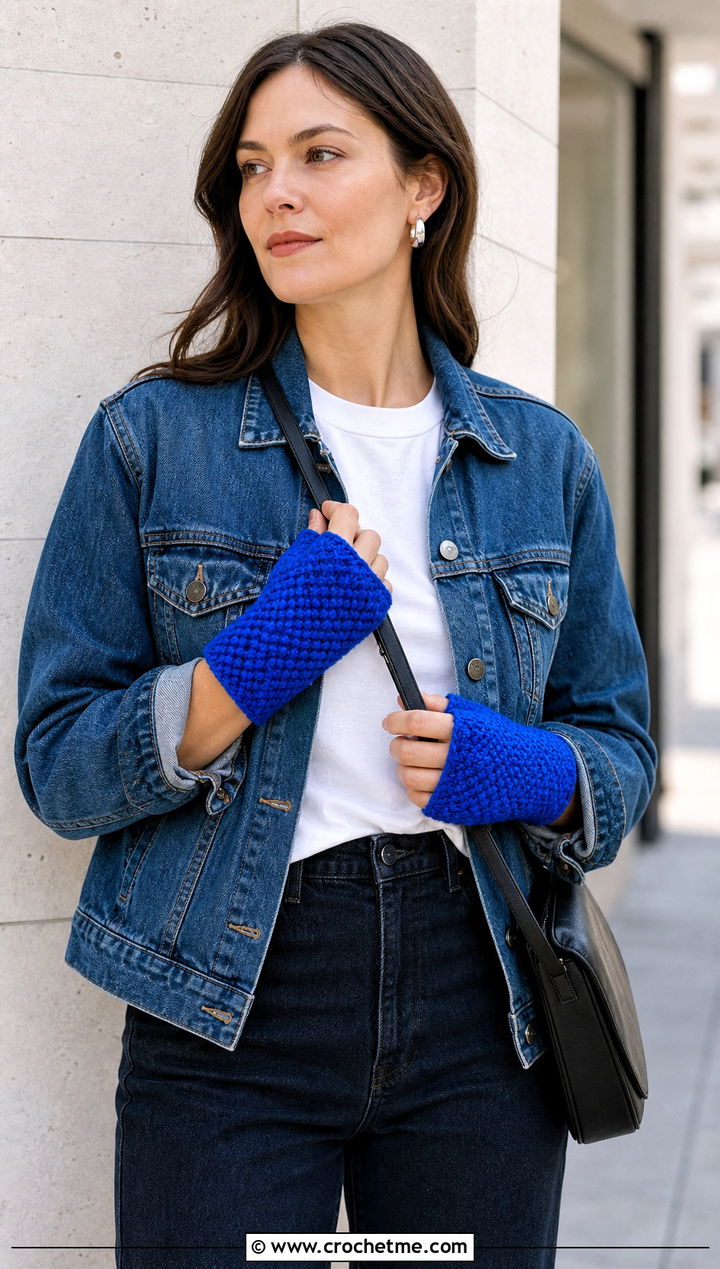 Short Cuff Moss Stitch Fingerless Gloves With Denim Jacket - 15 Crochet Moss Stitch Fingerless Gloves outfit ideas