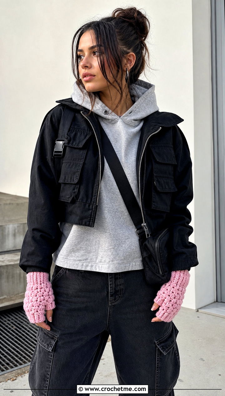 Short Cuff Puff Stitch Fingerless Gloves With Hoodie And Cargo Pants - 15 Crochet Puff Stitch Fingerless Gloves outfit ideas