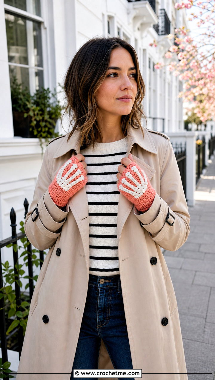 Short Cuff Skeleton Crochet Fingerless Gloves With Trench Coat - 15 Skeleton Crochet Fingerless Gloves outfit ideas