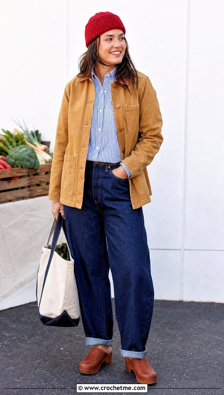 Short Dock Crochet Ribbed Beanie With Chore Jacket And Barrel Jeans - 35 crochet ribbed beanie outfit ideas