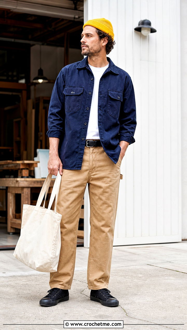 Short Docker Crochet Beanie With Work Shirt - 35 mens crochet beanie outfit ideas