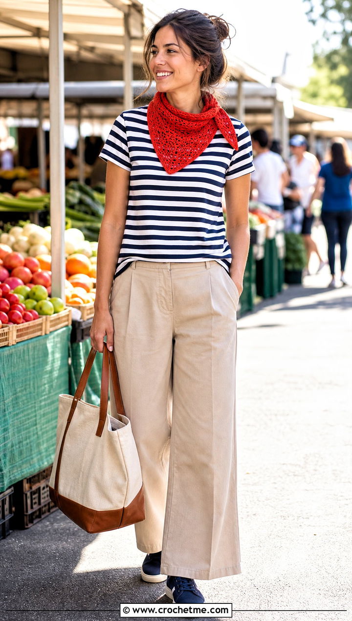 Short Filet Crochet Neckerchief With A Striped Tee And Chinos - 35 filet crochet scarf outfit ideas