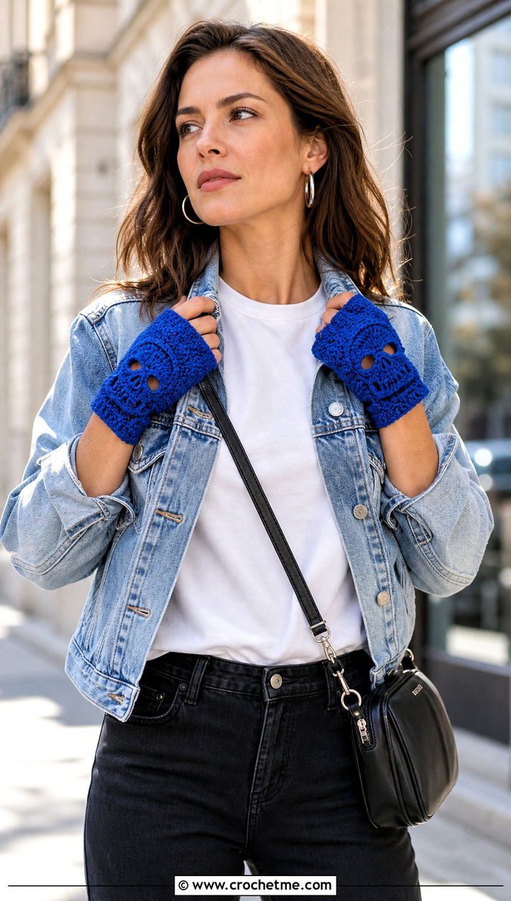 Short Fingerless Crochet Skull Gloves With Denim Jacket - 15 Crochet Skull Gloves outfit ideas