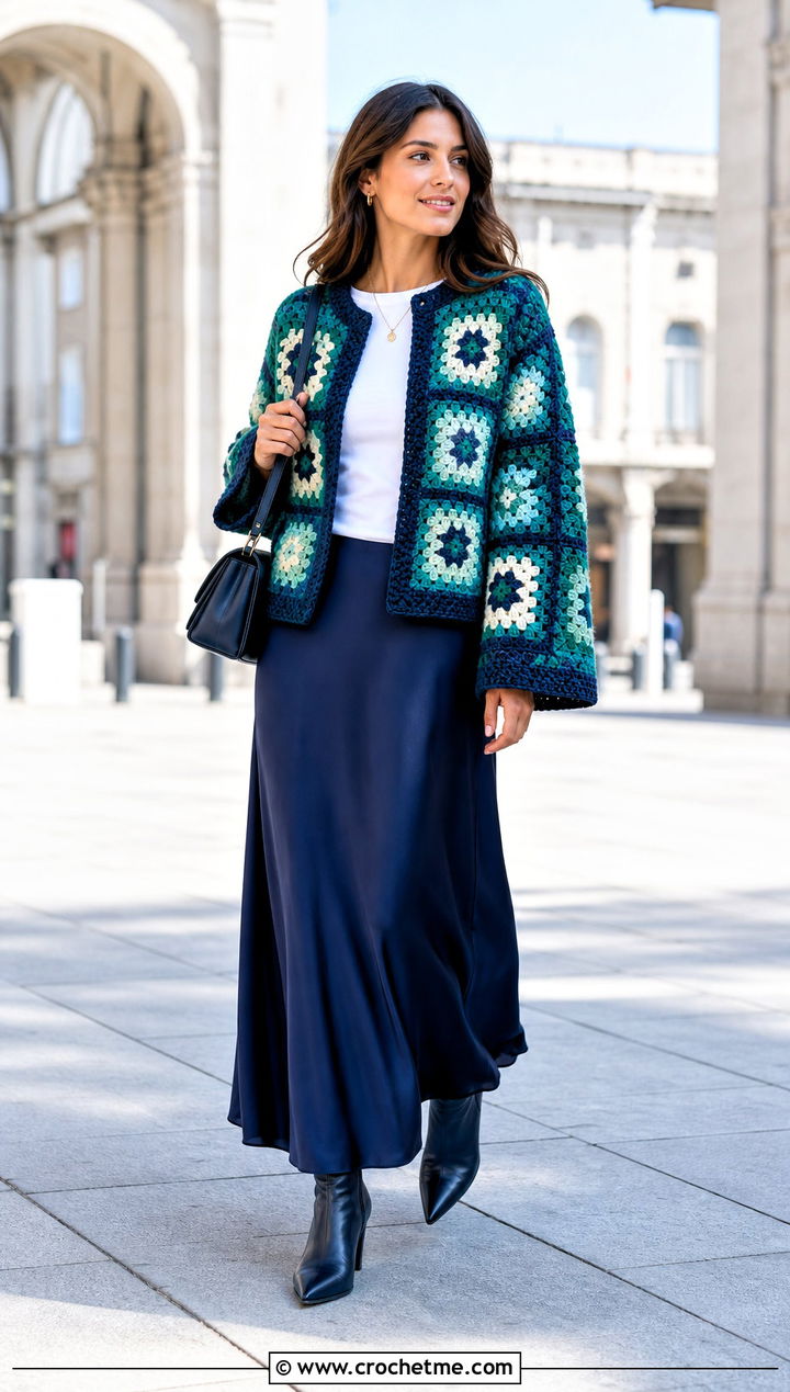 Short Granny Square Coat With Maxi Skirt - 30 crochet granny square coat outfit ideas