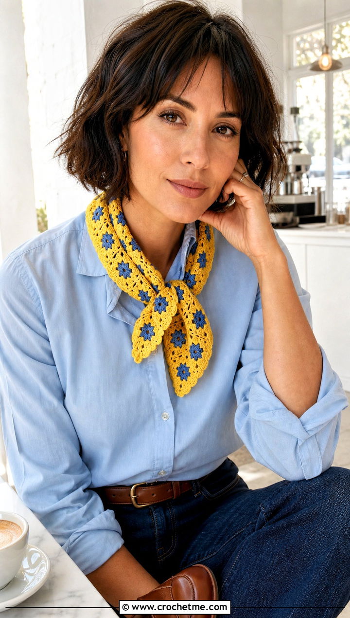 Short Granny Square Neckerchief With Button Down Shirt And Jeans - 30 crochet granny square scarf outfit ideas