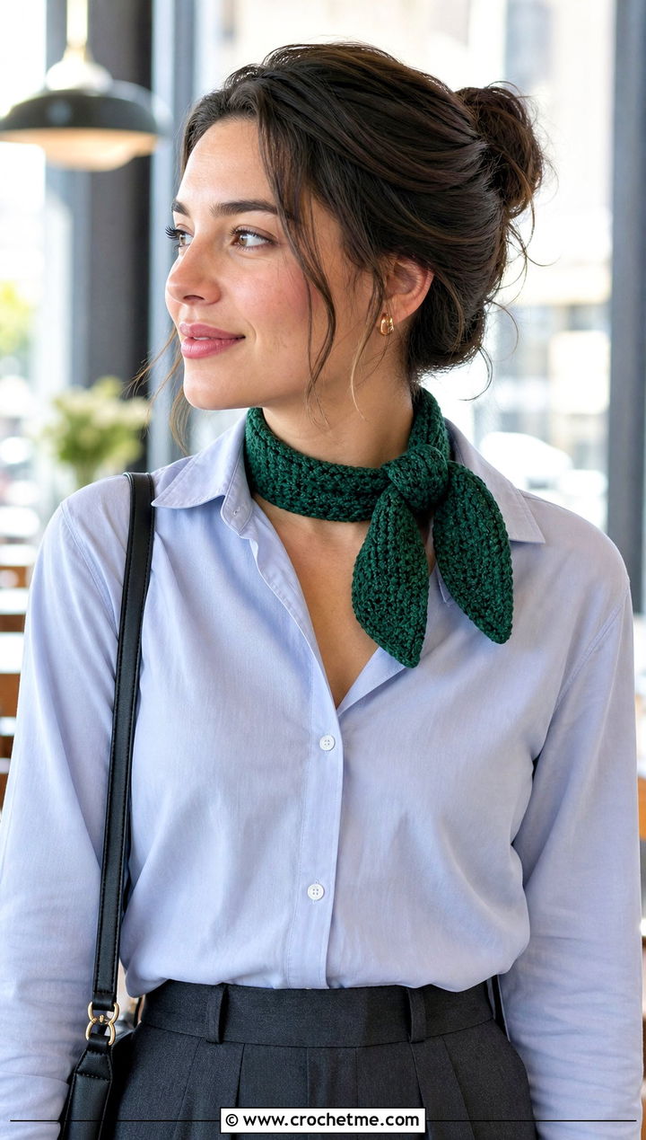 Short HDC Crochet Neck Scarf With Button Down Shirt - 20 Hdc Crochet Scarf outfit ideas