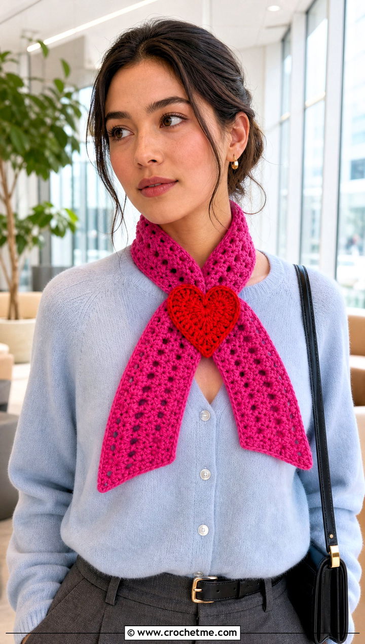 Short Heart Keyhole Scarf With Cardigan And Trousers - 25 crochet heart scarf outfit ideas