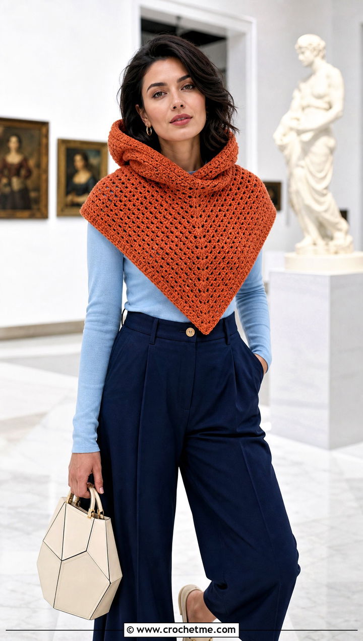 Short Hooded Triangle Crochet Shawl With High Waisted Culottes - 25 Hooded Triangle Crochet Shawl outfit ideas