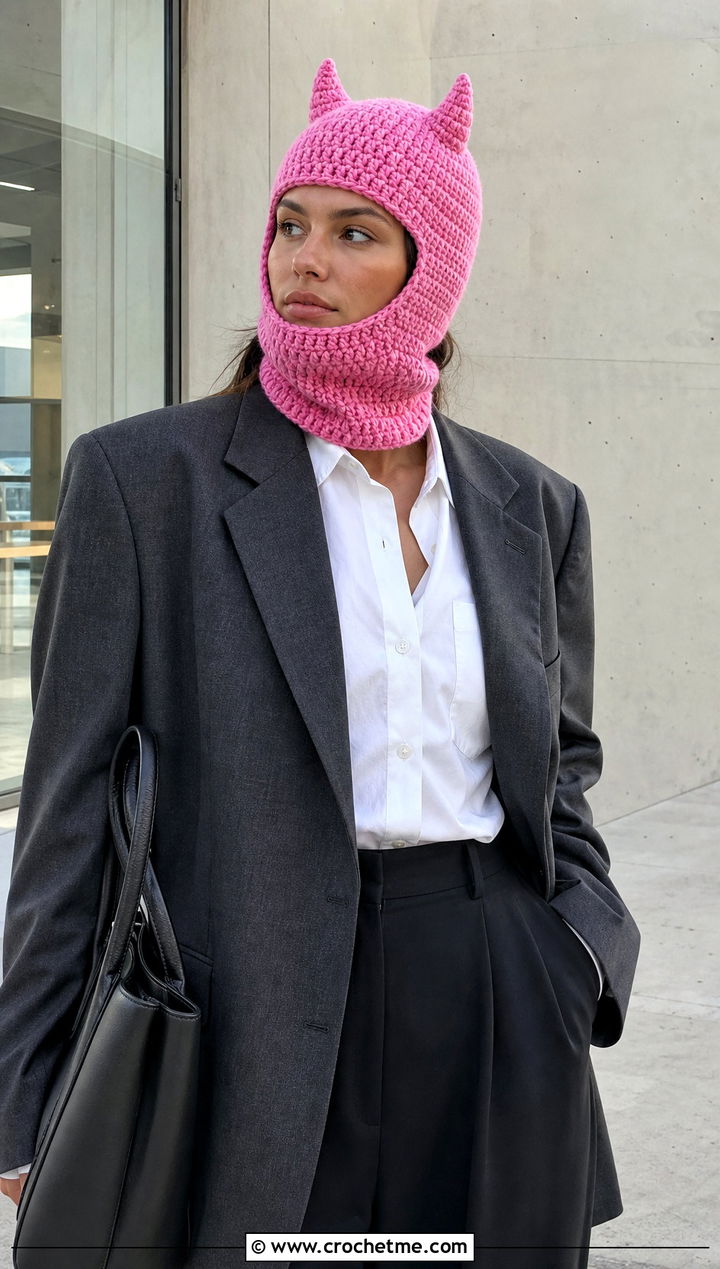 Short Horn Crochet Devil Horn Balaclava With Tailored Blazer - 20 crochet devil horn balaclava outfit ideas