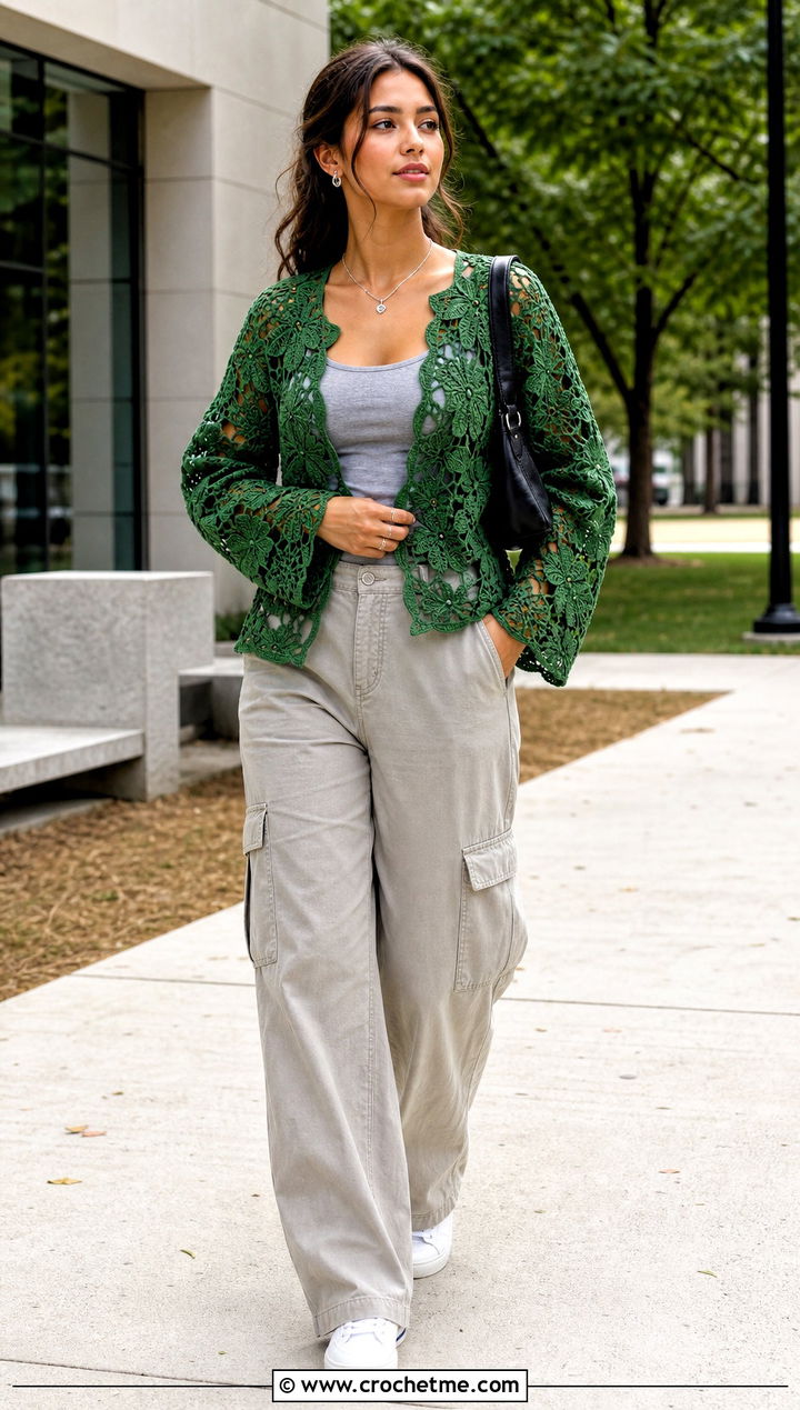 Short Irish Crochet Car Coat With Cargo Pants - 25 irish crochet coat outfit ideas