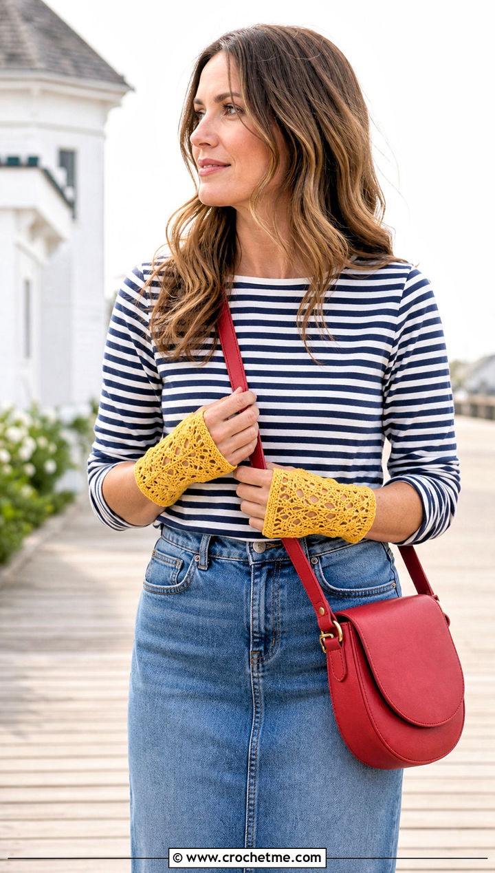 Short Lace Crochet Mitts With Striped Shirt And Denim Skirt - 25 Lace Crochet Fingerless Gloves outfit ideas