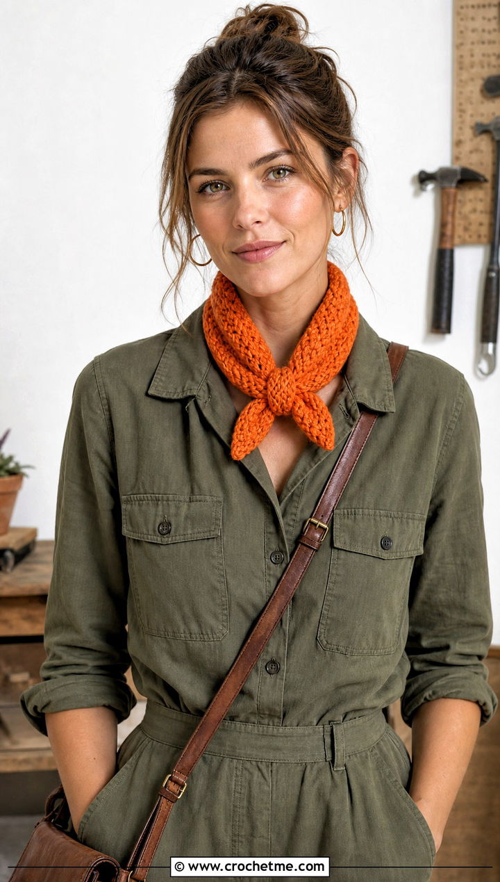 Short Moss Stitch Crochet Neck Scarf With Utility Jumpsuit - 25 Moss Stitch Crochet Scarf outfit ideas