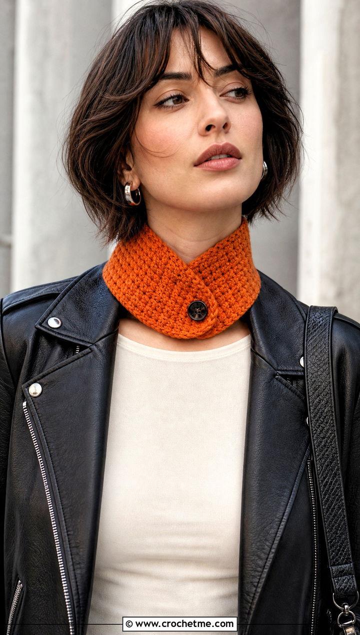 Short Neck Wrap Waffle Crochet Scarf With Leather Jacket - 25 Waffle Crochet Scarf outfit ideas