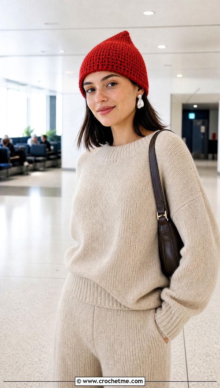 Short Point Crochet Beanie With Monochrome Knit Set - 25 pointy crochet hat outfit ideas