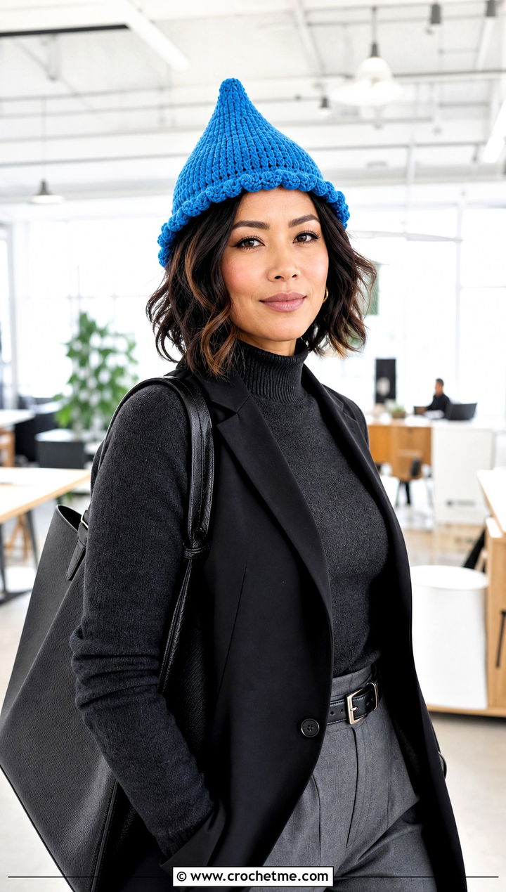 Short Point Crochet Clown Hat With Office Outfit - 30 crochet clown hat outfit ideas
