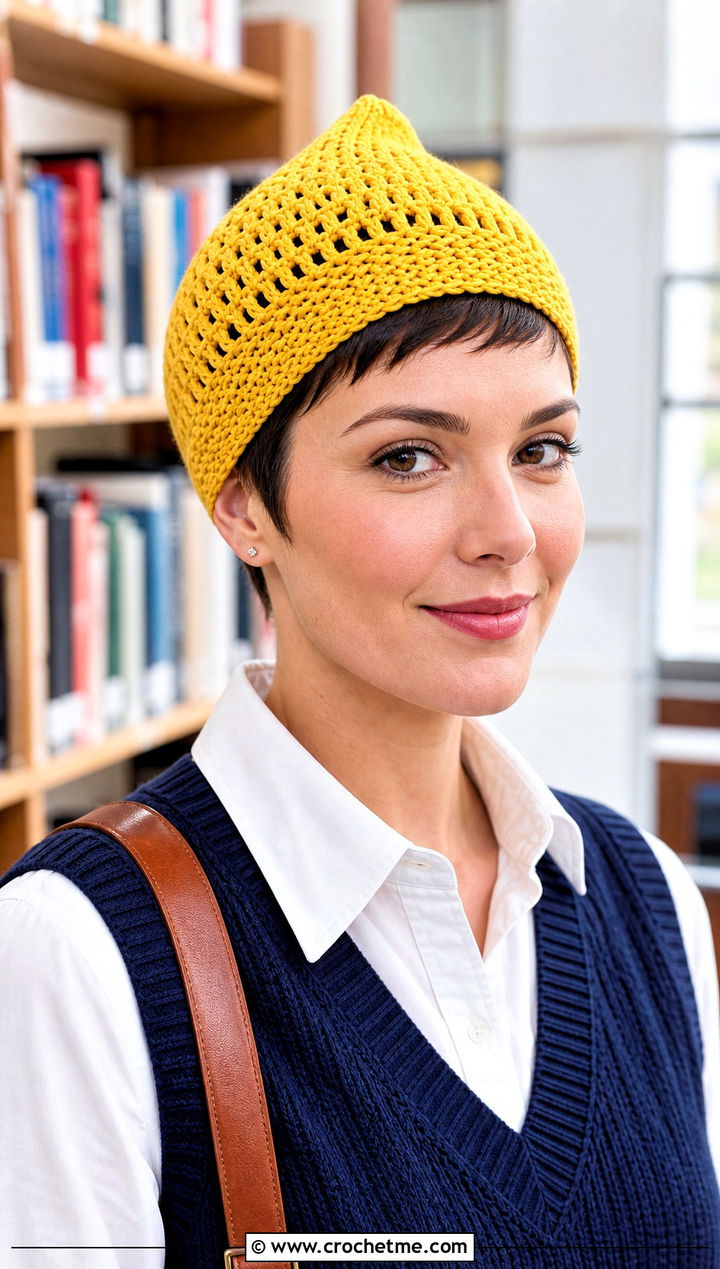 Short Point Crochet Pixie Cap With Sweater Vest - 30 crochet pixie hat outfit ideas