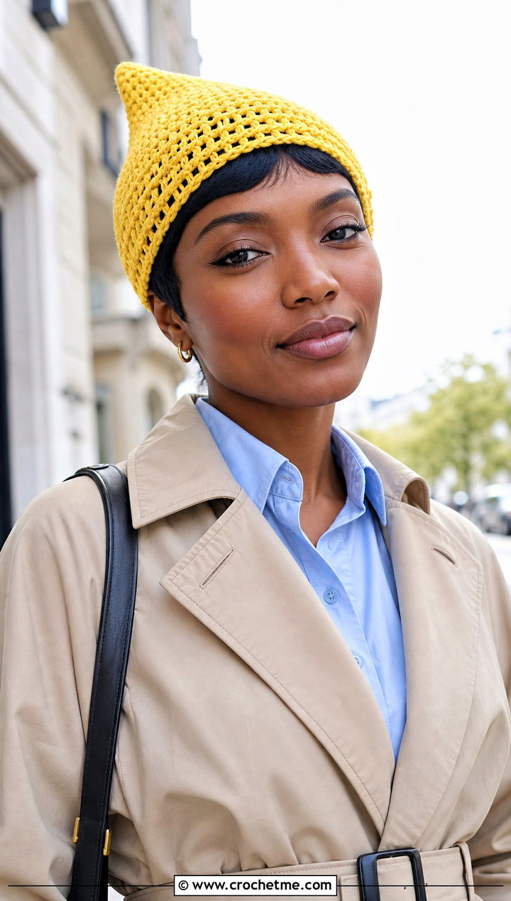Short Point Pixie Crochet Hat With Trench Coat - 25 Crochet Pointed Hat outfit ideas