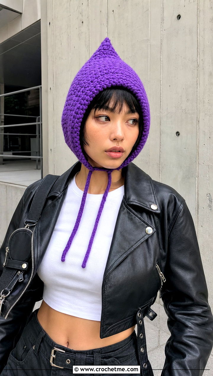 Short Pointed Pixie Hood With Leather Jacket And Cargo Pants - 20 Crochet Fairy Hat outfit ideas