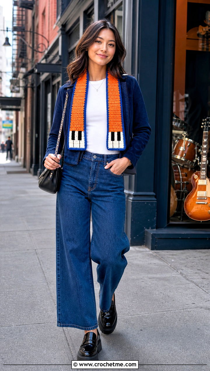 Short Rectangular Piano Scarf With Cropped Jacket - 35 crochet piano scarf outfit ideas