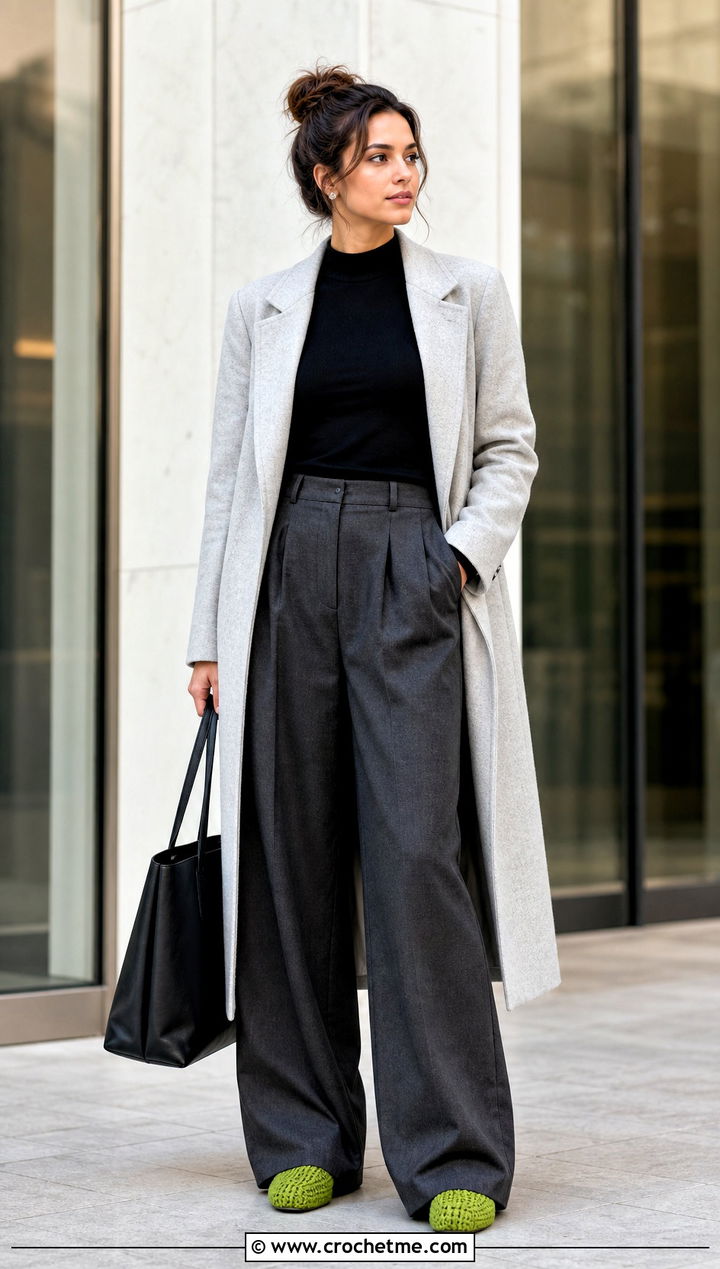 Short Ribbed Crochet Boots With Wide Leg Trousers - 15 ugg style crochet boots outfit ideas
