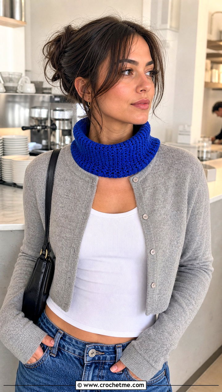 Short Ribbed Neck Cowl With Cropped Cardigan - 20 Crochet Ribbed Cowl outfit ideas