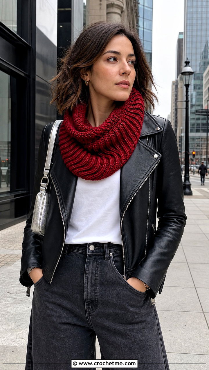 Short Row Brioche Crochet Scarf With Moto Jacket - 25 Brioche Crochet Scarf outfit ideas