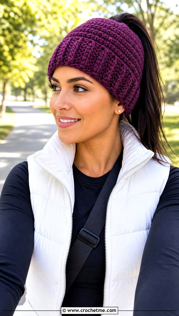 Short Row Crochet Ponytail Beanie With Puffer Vest - 25 Crochet Short Rows Hat outfit ideas