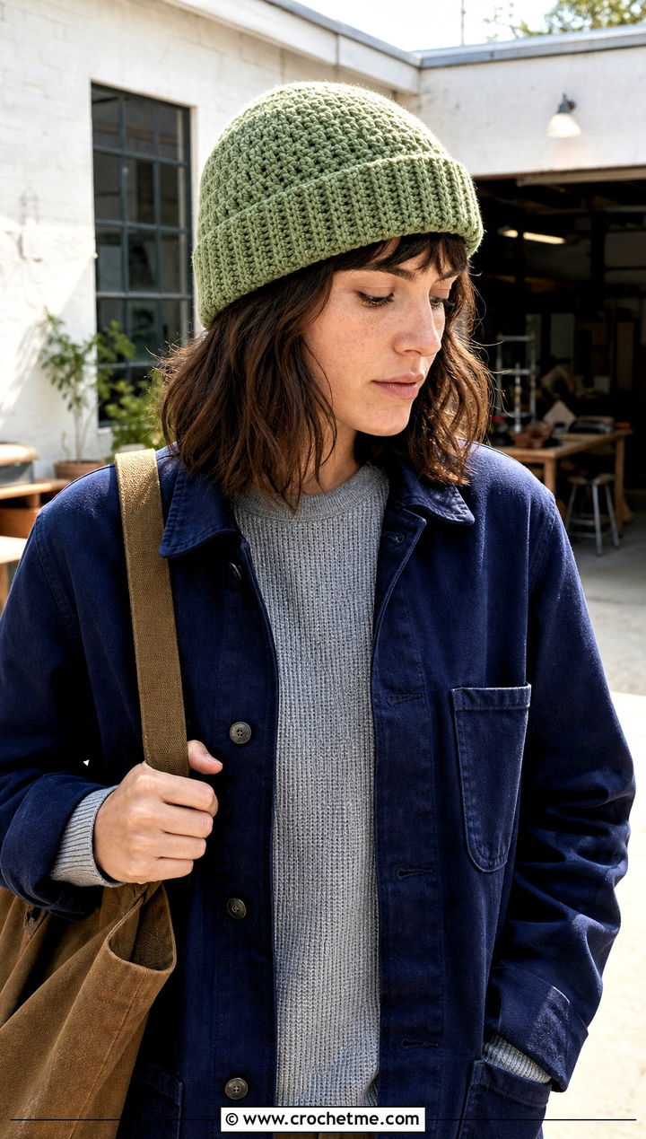 Short Row Crochet Watch Cap With Chore Coat - 25 Crochet Short Rows Hat outfit ideas
