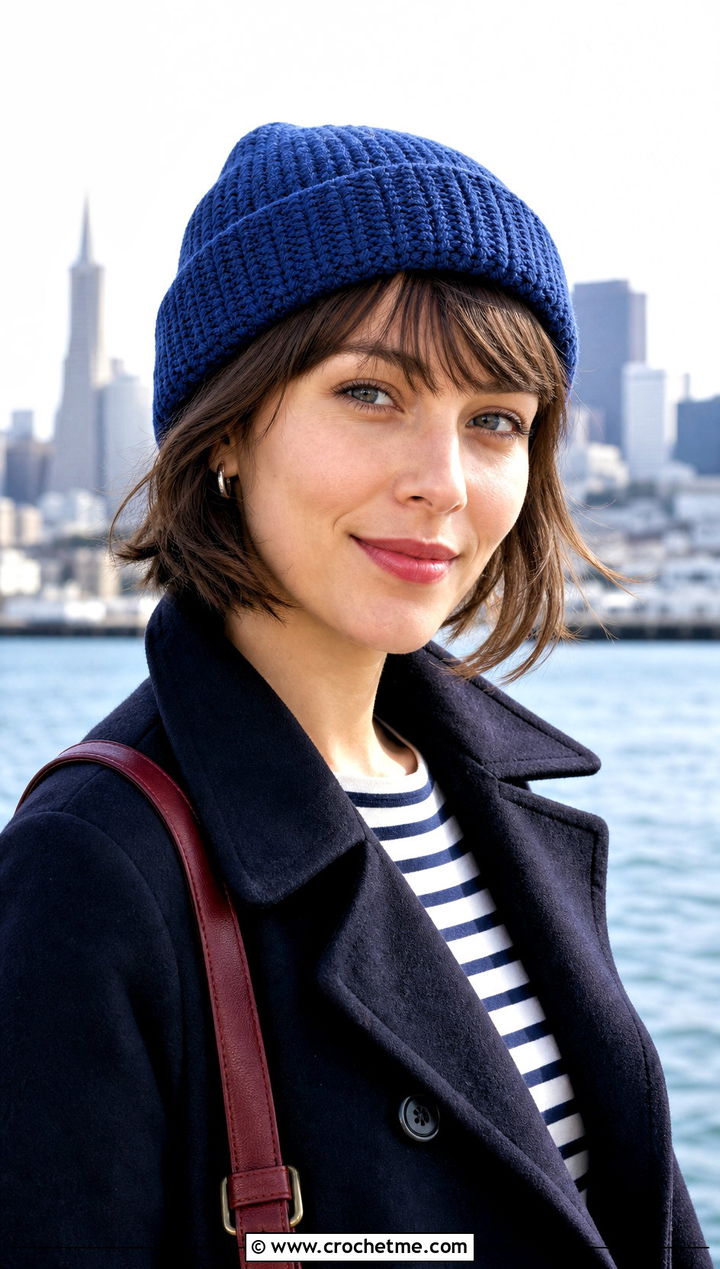 Short Row Crochet Watch Cap With Peacoat - 25 short row crochet hat outfit ideas
